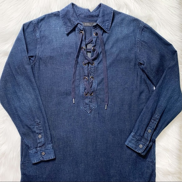 SOLD-Polo Long Sleeve Indigo Denim Pullover ShirtDress - Picture 8 of 10